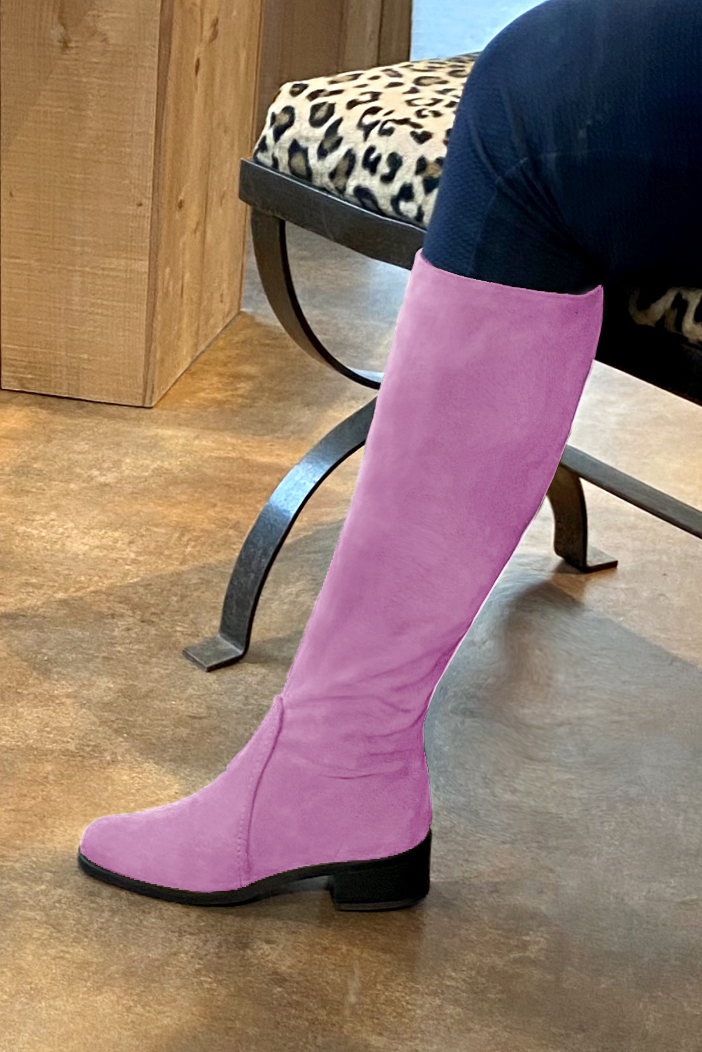 Mauve purple women's riding knee-high boots. Round toe. Low leather soles. Made to measure. Top view - Florence KOOIJMAN